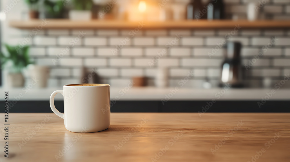 A simple white coffee mug resting on a wooden table with a modern kitchen background, showcasing a cozy and inviting atmosphere. A simple white coffee mug resting on a wooden table with a modern kitchen background, showcasing a cozy and inviting atmosphere.