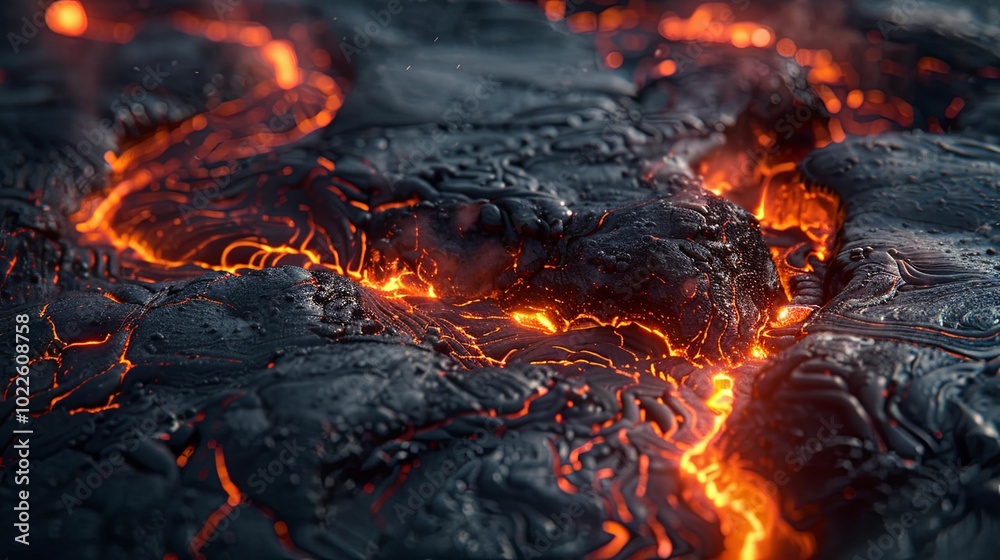 Molten Lava Flowing Through Dark, Cracked Surface Molten Lava Flowing Through Dark, Cracked Surface