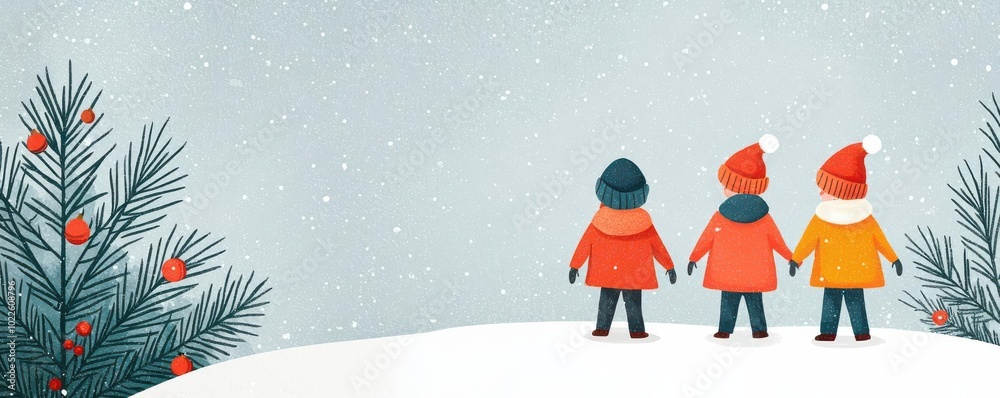 Merry Christmas 2025, joyful children playing in the snow, happiness and laughter, flat design illustration Merry Christmas 2025, joyful children playing in the snow, happiness and laughter, flat design illustration