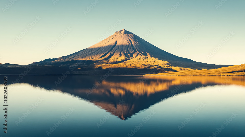 Volcanic Mountain in Morning Light Reflected in Calm Waters of Lake: A serene morning view of a volcanic mountain reflected in the calm waters of a lake, with soft light highlighting the natural Volcanic Mountain in Morning Light Reflected in Calm Waters of Lake: A serene morning view of a volcanic mountain reflected in the calm waters of a lake, with soft light highlighting the natural