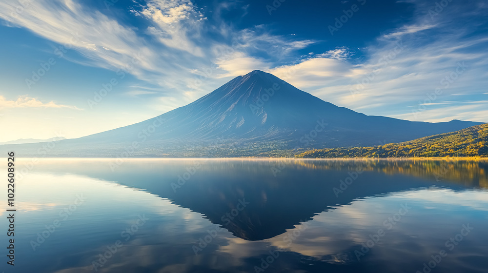 Volcanic Mountain in Morning Light Reflected in Calm Waters of Lake: A serene morning view of a volcanic mountain reflected in the calm waters of a lake, with soft light highlighting the natural Volcanic Mountain in Morning Light Reflected in Calm Waters of Lake: A serene morning view of a volcanic mountain reflected in the calm waters of a lake, with soft light highlighting the natural