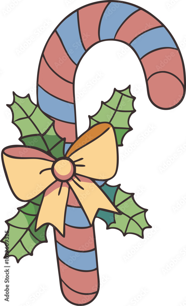 Festive candy cane with holly and bow in vibrant colors Festive candy cane with holly and bow in vibrant colors
