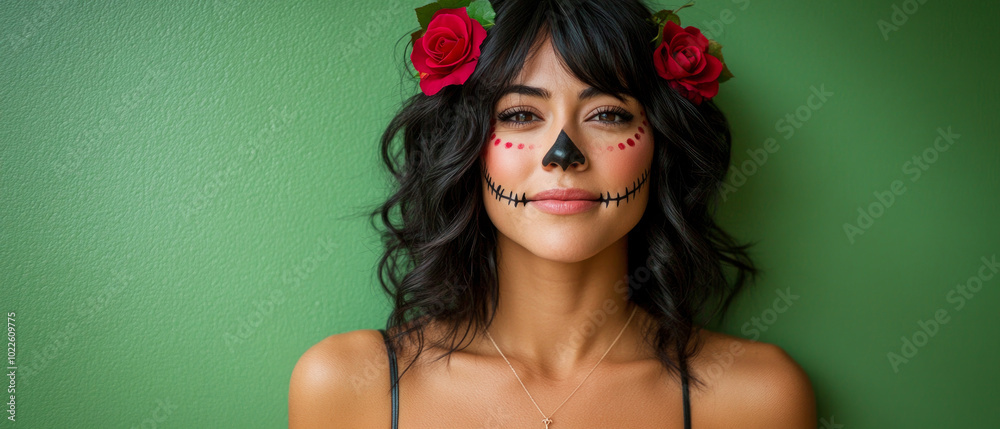 Naklejka premium The woman showcases traditional Day of the Dead face paint, complemented by red roses in her hair, embodying the spirit of the festivities with a joyful expression