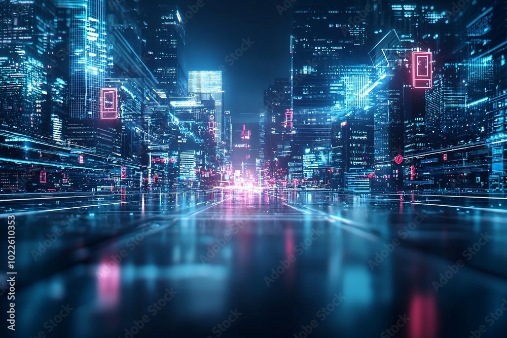 34. AI-driven city, digital networks, futuristic society, holographic displays 34. AI-driven city, digital networks, futuristic society, holographic displays