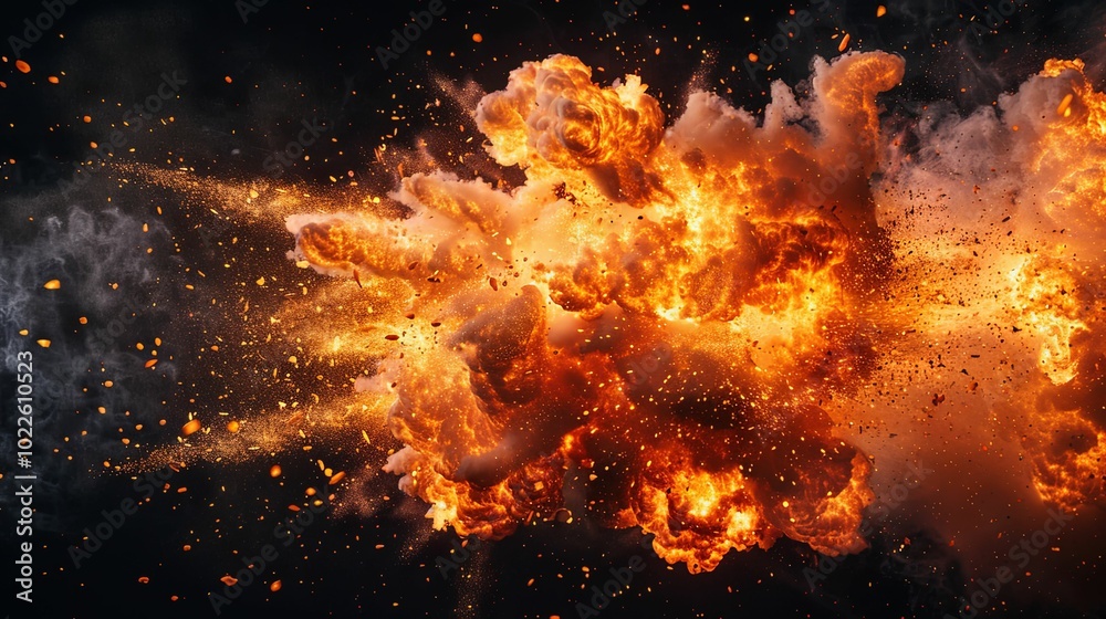 A Fiery Explosion with Smoke and Sparks Against a Black Background A Fiery Explosion with Smoke and Sparks Against a Black Background