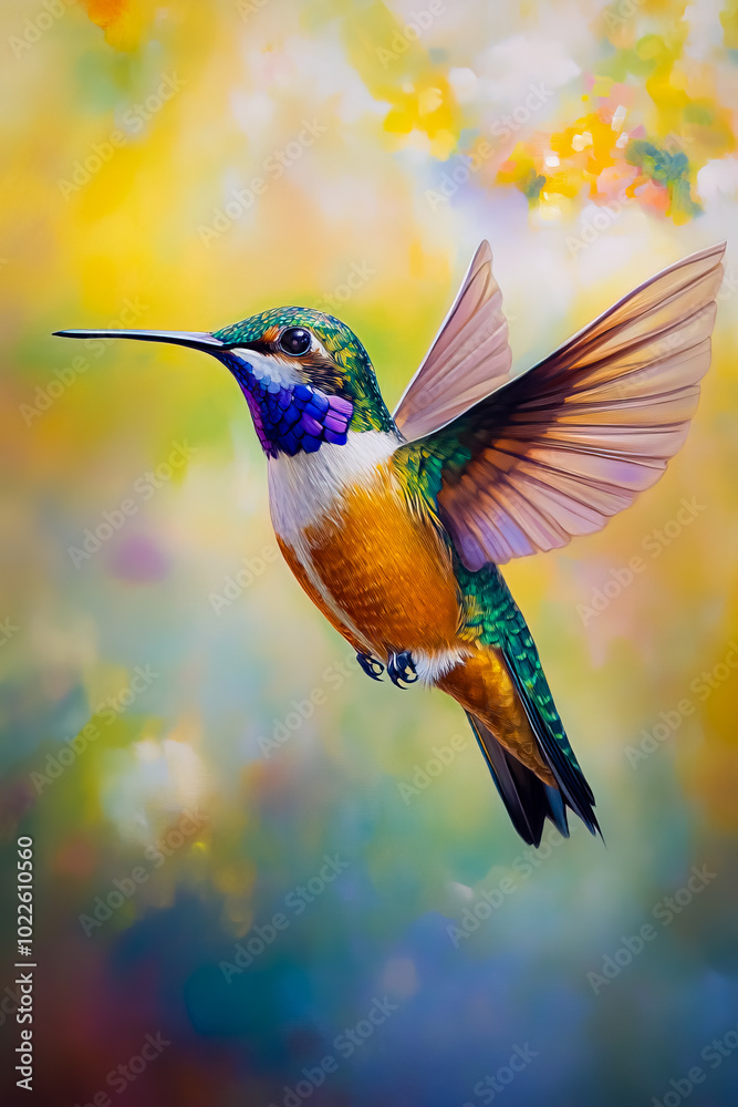 Fototapeta premium A colorful hummingbird in mid-flight, showcasing its iridescent feathers and delicate wings.
