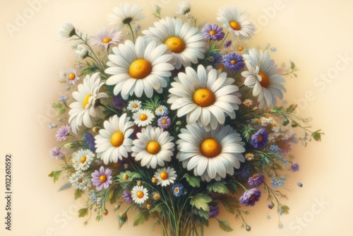 Ein zarter Strauß aus weißen Gänseblümchen und verschiedenen Wildblumen auf einem weichen cremefarbenen Hintergrund. Geburtstagkarte, Postkarte. Generatibe KI