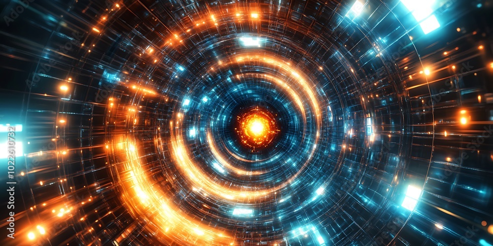 Obraz premium Spherical futuristic digital design of orange and blue wallpaper glowing, 3d render abstract background