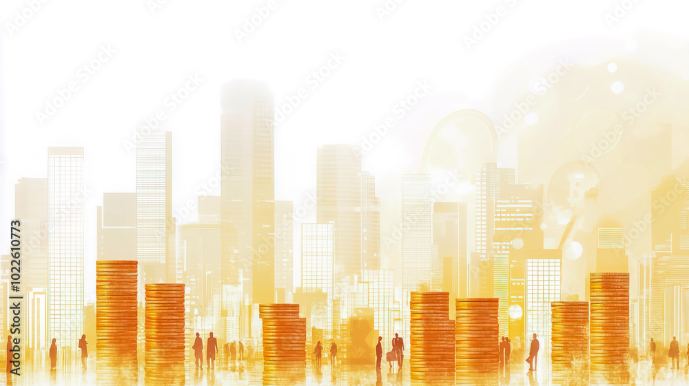 A digital illustration depicting coins and stacks, with city buildings, business icons, and people silhouettes illustrated in white lines on a light background. A digital illustration depicting coins and stacks, with city buildings, business icons, and people silhouettes illustrated in white lines on a light background.