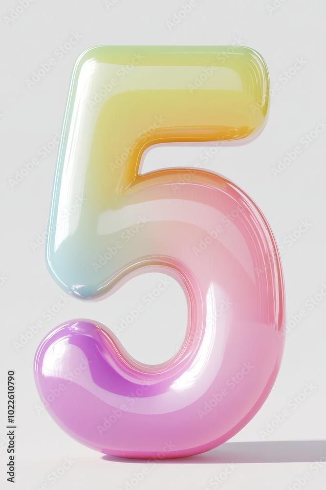 In a playful 3D style front view, the number 5 with smooth rounded edges and bright pastel colors, evoking fun and learning, perfect for childrens educational tools. In a playful 3D style front view, the number 5 with smooth rounded edges and bright pastel colors, evoking fun and learning, perfect for childrens educational tools.