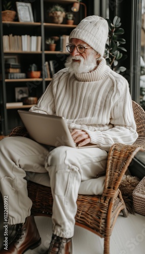 Individual engaged with laptop or tablet while enjoying a coffee in a cozy caf setting