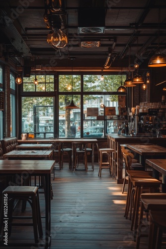 Un café vacío con muebles de madera y luz suave, creando un ambiente íntimo y relajado. La luz del día entra por las ventanas del local.