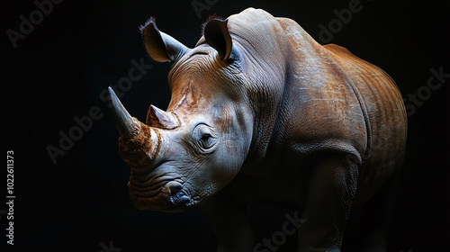 Wallpaper with a rhinoceros on a black background. photo