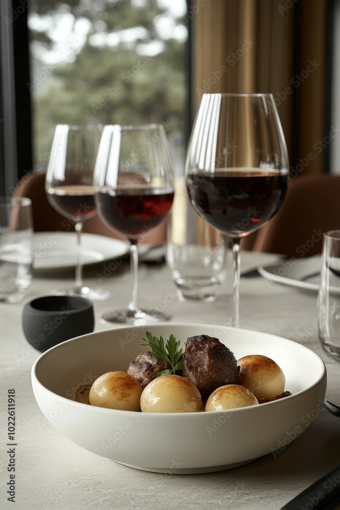 Un plato de carne y papas acompañado por copas de vino tinto en una mesa bien dispuesta, con un ambiente de restaurante elegante.
Un plato de carne y papas acompañado por copas de vino tinto en una mesa bien dispuesta, con un ambiente de restaurante elegante.