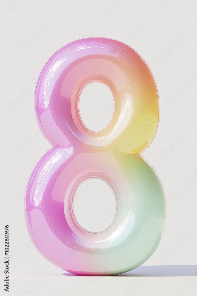 A playful 3D front view of the number 8 with smooth rounded edges and bright pastel colors, evoking fun and learning, making it suitable for childrens educational tools. A playful 3D front view of the number 8 with smooth rounded edges and bright pastel colors, evoking fun and learning, making it suitable for childrens educational tools.