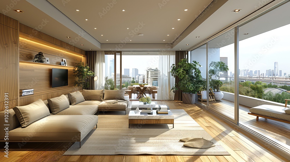 Modern luxury living room and dining room with tv and sofa Modern luxury living room and dining room with tv and sofa