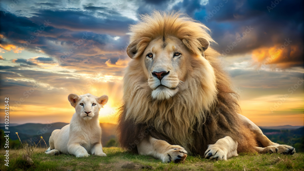A majestic lion and a gentle lamb coexisting peacefully A majestic lion and a gentle lamb coexisting peacefully