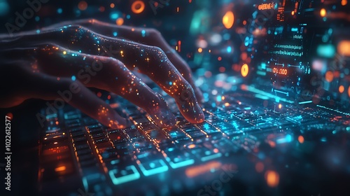 A close-up of hands typing on a keyboard, holographic interface in the background with floating text and digital elements, vibrant blue and green lighting,