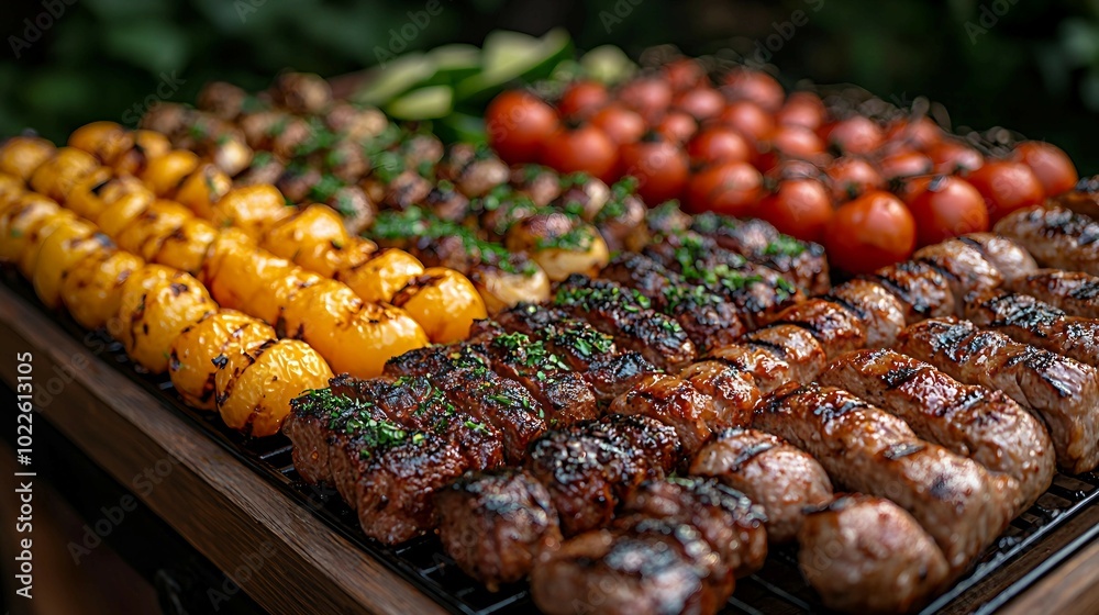 Grilled Kebabs with Tomatoes and Peppers on a Wooden Board Grilled Kebabs with Tomatoes and Peppers on a Wooden Board
