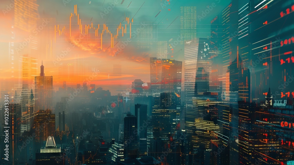 Double exposure of a bustling city skyline overlayed with a dynamic stock market investment graph, symbolizing economic growth, financial investment, and urban business insights. Double exposure of a bustling city skyline overlayed with a dynamic stock market investment graph, symbolizing economic growth, financial investment, and urban business insights.