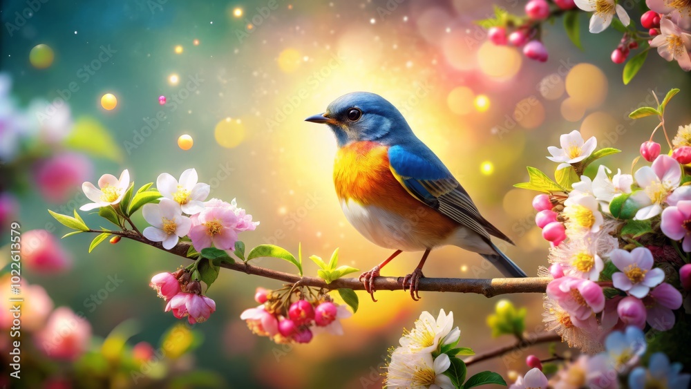 Amidst a blooming garden, a charming spring bird dances, the soft bokeh effect creating a magical atmosphere that captivates the hearts of nature enthusiasts. Amidst a blooming garden, a charming spring bird dances, the soft bokeh effect creating a magical atmosphere that captivates the hearts of nature enthusiasts.