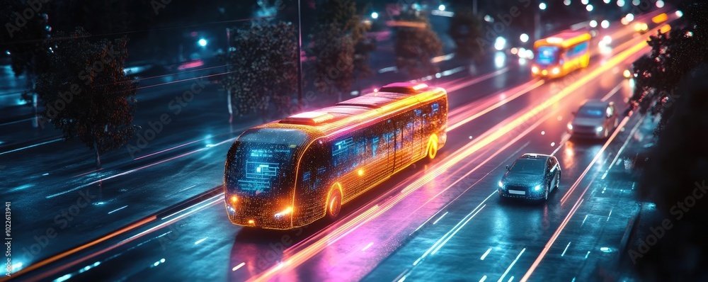 AI-driven transportation system, with autonomous buses and taxis glowing as they navigate the streets AI-driven transportation system, with autonomous buses and taxis glowing as they navigate the streets