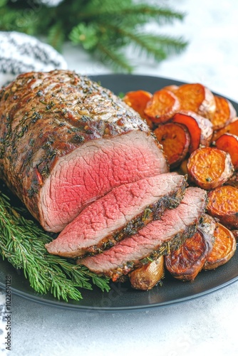 Carne de res asada acompañada de vegetales asados en un plato negro decorado con ramitas verdes.

 photo