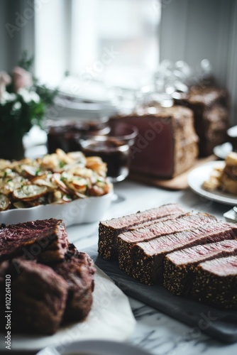 Comida festiva con carne asada, papas y otros platos en una mesa bien servida.

 photo