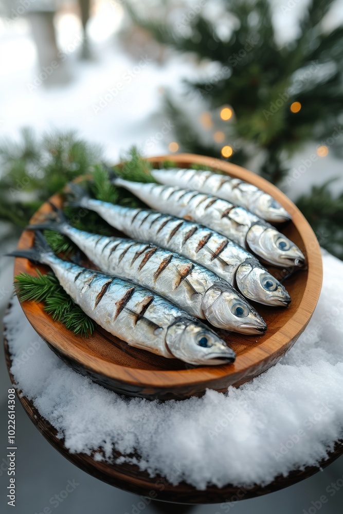 Pescado crudo en un plato de madera, listo para ser cocinado, colocado sobre la nieve.
Pescado crudo en un plato de madera, listo para ser cocinado, colocado sobre la nieve.