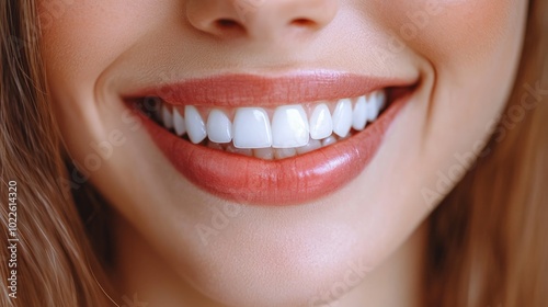 Close-up of a woman's bright white smile with pink lips.