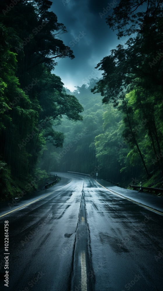 Paved road with road marking running in a forest, wallpaper for mobile, 9:16 ratio. Generative ai Paved road with road marking running in a forest, wallpaper for mobile, 9:16 ratio. Generative ai
