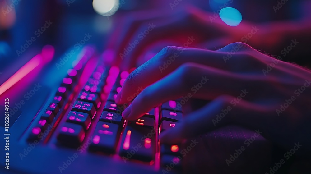 A close-up shot of hands typing on a vibrant RGB backlit gaming keyboard, hands illuminated by multiple shifting colors, soft glow radiating onto the fingers, A close-up shot of hands typing on a vibrant RGB backlit gaming keyboard, hands illuminated by multiple shifting colors, soft glow radiating onto the fingers,