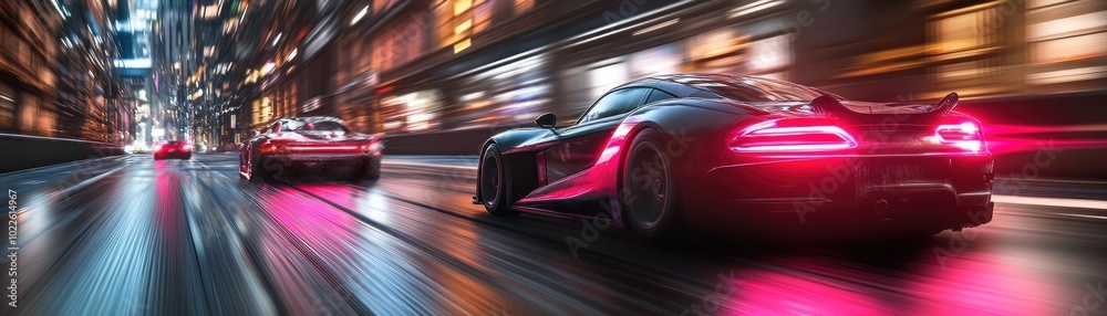 Fototapeta premium AI-enhanced race track, with glowing cars speeding through a neon-lit city