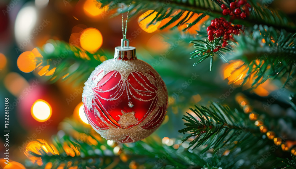 Glittering Christmas Decorations with Bokeh Lights. Blue Christmas Ornament with Silver Snowflakes. Golden Christmas Ornament with Glittering Sparkles Glittering Christmas Decorations with Bokeh Lights. Blue Christmas Ornament with Silver Snowflakes. Golden Christmas Ornament with Glittering Sparkles