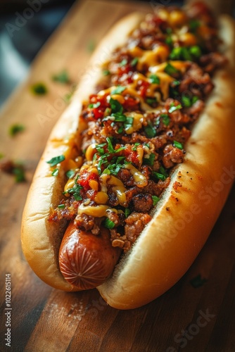 Un hot dog relleno de carne picada y cubierto con hierbas frescas, presentado en una tabla de madera.

 photo