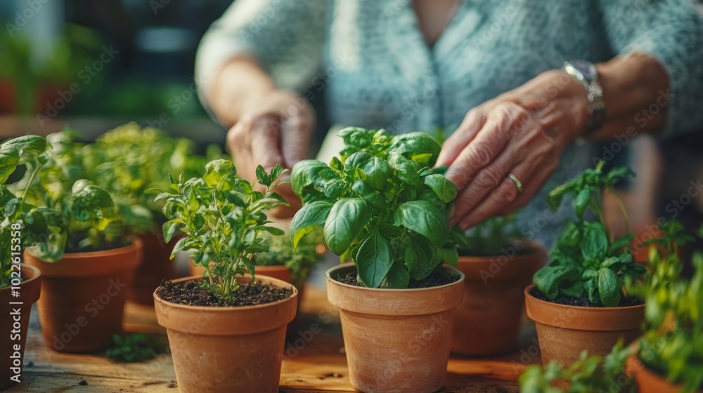 Close-up of a woman's hands tending to a row of potted basil plants. Close-up of a woman's hands tending to a row of potted basil plants.