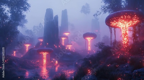 AI-generated alien landscape, with glowing plants and floating islands