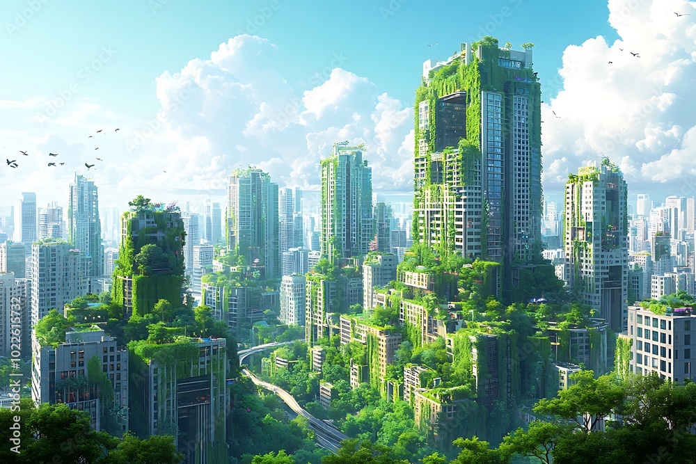 Obraz premium Environment friendly cityscape aerial view with tall buildings, roads and highways covered in trees and plants, ESG concept and clean sky