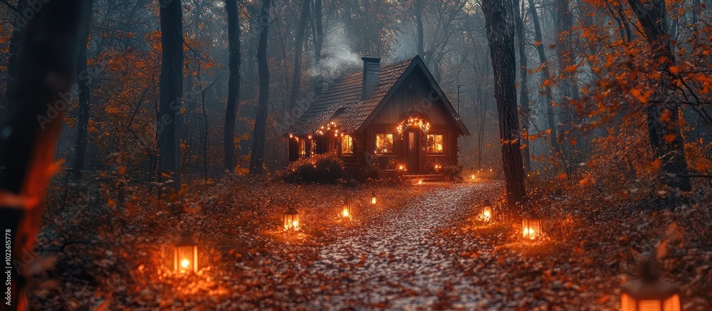 A small cabin in a dense forest, illuminated by the glow of lanterns, creating a warm and inviting atmosphere in the midst of the woods. A small cabin in a dense forest, illuminated by the glow of lanterns, creating a warm and inviting atmosphere in the midst of the woods.