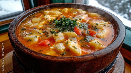 Un plato de sopa de verduras caliente decorado con hierbas frescas, servido en un restaurante con vista a un paisaje nevado.