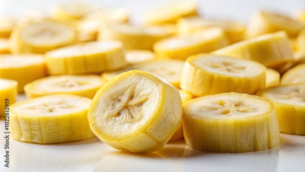 Artfully arranged fresh banana slices on a bright white background, showcased through tilt-shift photography, giving a unique perspective and vibrant visual appeal. Artfully arranged fresh banana slices on a bright white background, showcased through tilt-shift photography, giving a unique perspective and vibrant visual appeal.