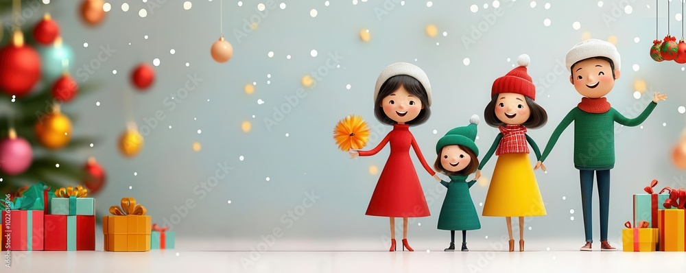 Fototapeta premium Merry Christmas 2025, traditional festive customs with cozy family gathering, holiday cheer, flat design illustration