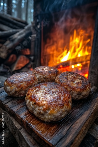 Unas hamburguesas a la parrilla cocinándose sobre madera junto a un fuego ardiente en un ambiente rústico al aire libre.