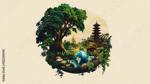 Fototapeta Naklejka Na Ścianę i Meble -  Circular illustration design of plants and planet earth with Chinese traditional building, Environment and ESG concept