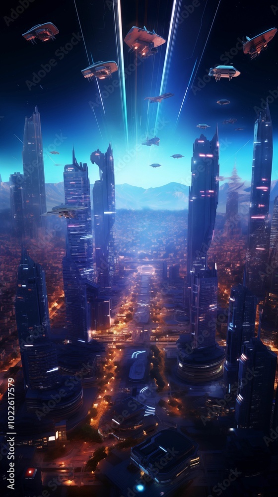 Fototapeta premium Drone view of a city at night in games style background for mobile, 9:16 ratio. Generative ai