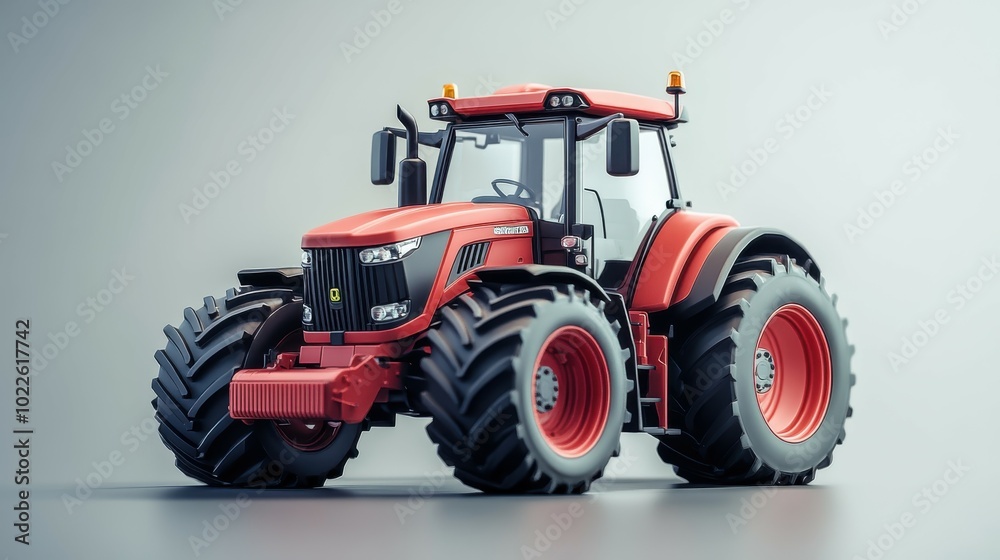 A 3D cute technical drawing of a tractor with attachments, such as plows and seeders, in a simplified, rounded style. The high-definition close-up highlights the machine engineering while keeping a A 3D cute technical drawing of a tractor with attachments, such as plows and seeders, in a simplified, rounded style. The high-definition close-up highlights the machine engineering while keeping a