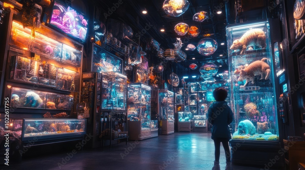 Fototapeta premium AI-generated pet store, with robotic animals and glowing habitats