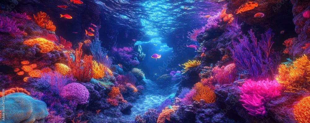 AI-generated underwater cave, with neon-lit fish and glowing seaweed AI-generated underwater cave, with neon-lit fish and glowing seaweed