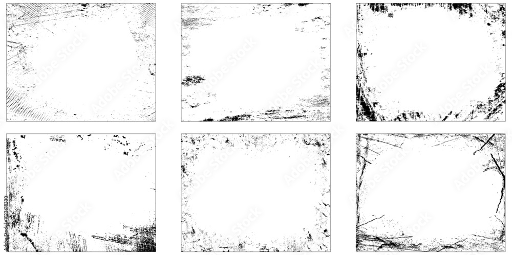 Collection of six black and white grunge frames. Vector illustration. Collection of six black and white grunge frames. Vector illustration.