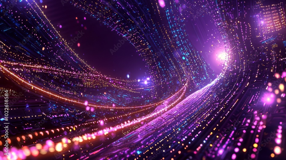 Fototapeta premium Futuristic Cityscape with Colorful Illumination and Glowing Pathways | 3D Rendered Digital Illustration